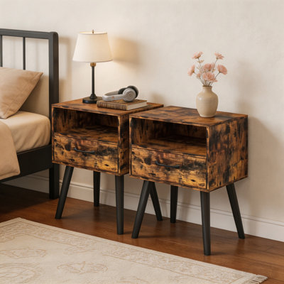 Ensemble de 2 tables de chevet modernes avec tiroir de rangement et tablette ouverte, tables de chevet en bois avec pieds robustes - Tables de bout pour la chambre à coucher, le salon et les petits espaces, assemblage facile