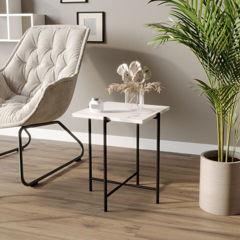 Set of 2 Pcs Marble Effect Tops Round Side End Coffee Table Metal Frame, White