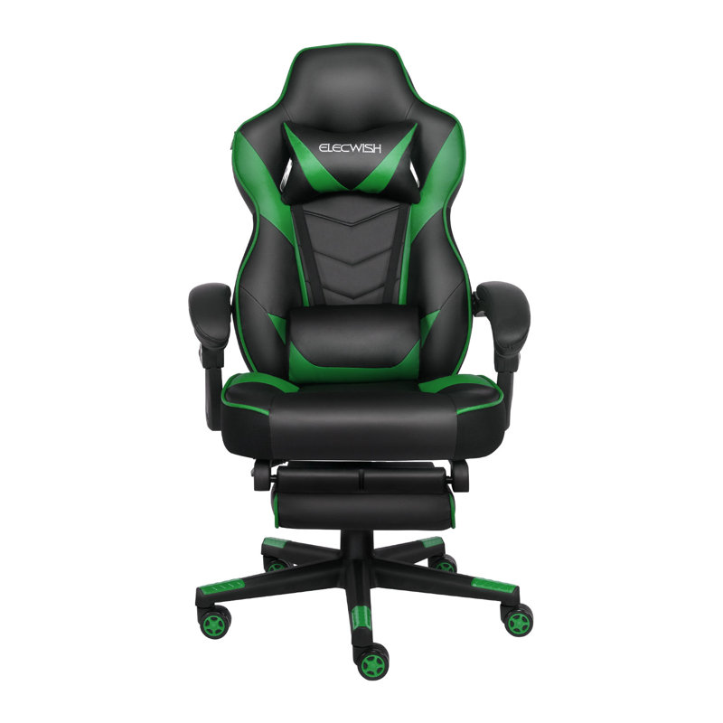 Fauteuil d'ordinateur ergonomique pour adultes à dossier haut avec repose-pieds et soutien lombaire, Noir/vert