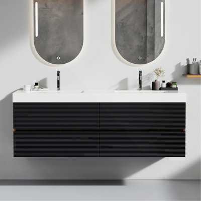 Meuble-lavabo 60 po en noyer avec lavabo à surface solide blanc brillant et tiroirs noirs doux, meuble-lavabo mural flottant pour salle de bain moderne, lavabo une pièce blanc brillant