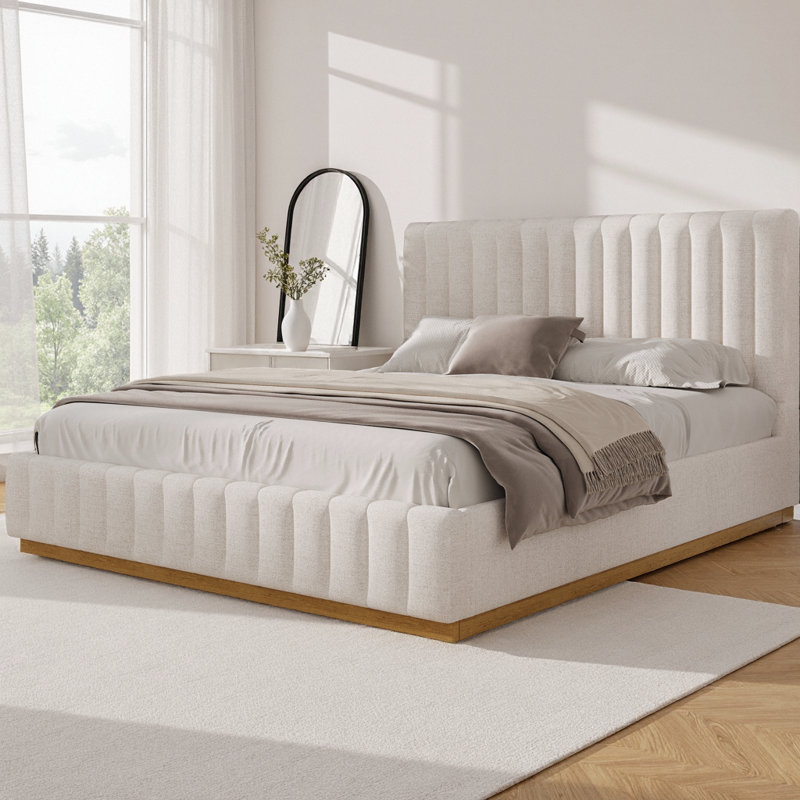 Structure de lit rembourrée Cocoon avec tête de lit en lin épais et base en bois massif, lit plateforme beige moderne d'une capacité de 800 lb, centre de chambre à coucher sans sommier requis