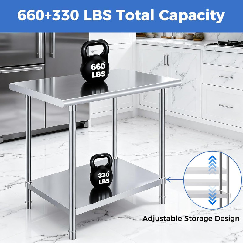 Table OSTBA en acier inoxydable pour préparation et travail 24 x 18 pouces, NSF Table commerciale en métal avec dessous réglable et pied réglable pour la cuisine, le restaurant et l'hôtel