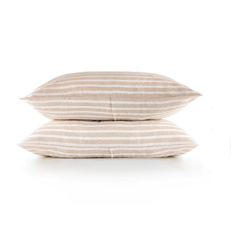 100% French Linen Pillowcase Set, Standard Pillowcase, Putty/Cream Striped