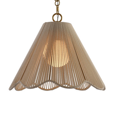 Boho 1-Light Scalloped Rope Pendant Light with Adjustable Gold Chain, Natural Woven Shade Pendant Lighting for Kitchen Island & Bedroom