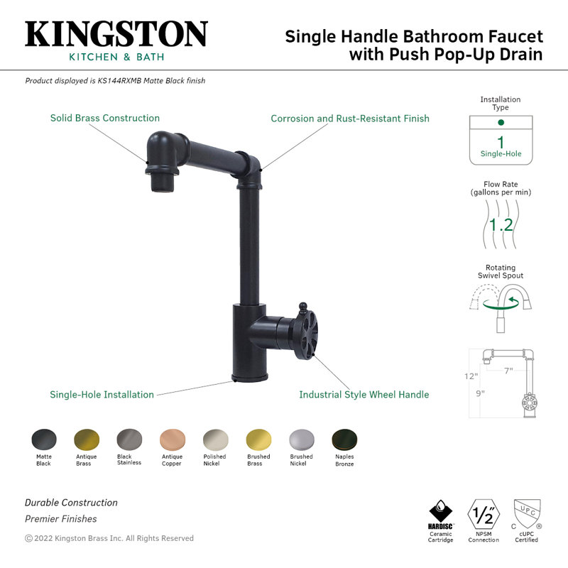 Kingston Brass Belknap Single-Handle 1-Hole Deck Mount Bathroom Faucet with Push Pop-Up, Matte Black