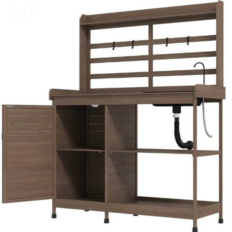 Potting Bench,Wooden Potting Bench With Storage, Sink, Water Tap, Dark Brown