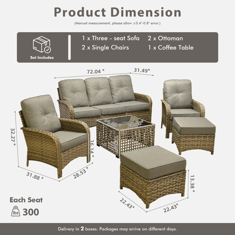 Ensemble de conversation extérieur en osier / rotin pour 5 personnes avec table basse éclairée et coussins Emroy, Gris