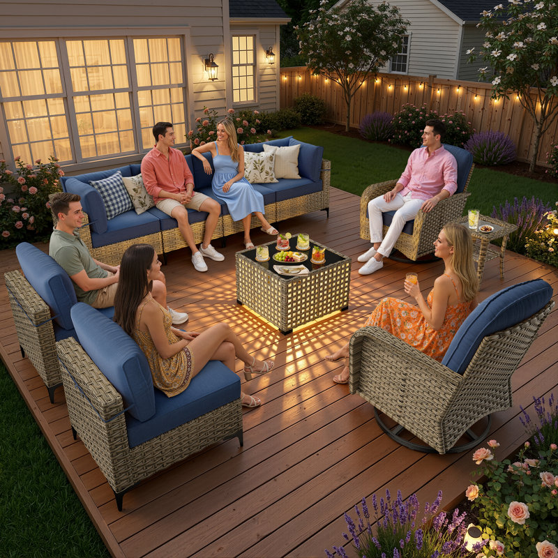Ensemble de conversation pour patio en osier PE 10 pièces Liora, bleu