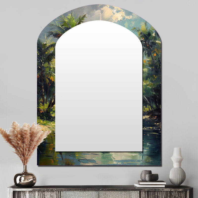 Green Palm Trees Serenity I - miroir mural asymétrique vert, miroir décoratif arqué traditionnel, impression d'art en métal