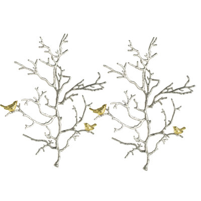 2Pcs 17X5.5X22" Metal Branch Wall Decor With Bird Features. Tranquil Modern. Silver And Gold. Aluminum Craftsmanship 2 Art Details. Infuse Tranquility Into Modern Decor. Gold Blend For Rooms. Made