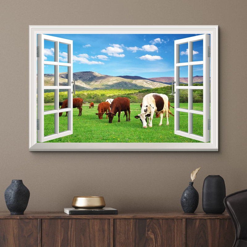 Fenêtre de paysage "Vue de fenêtre de vaches qui paissent dans une vallée de montagne, animaux de la nature, paysages rustiques" sur toile