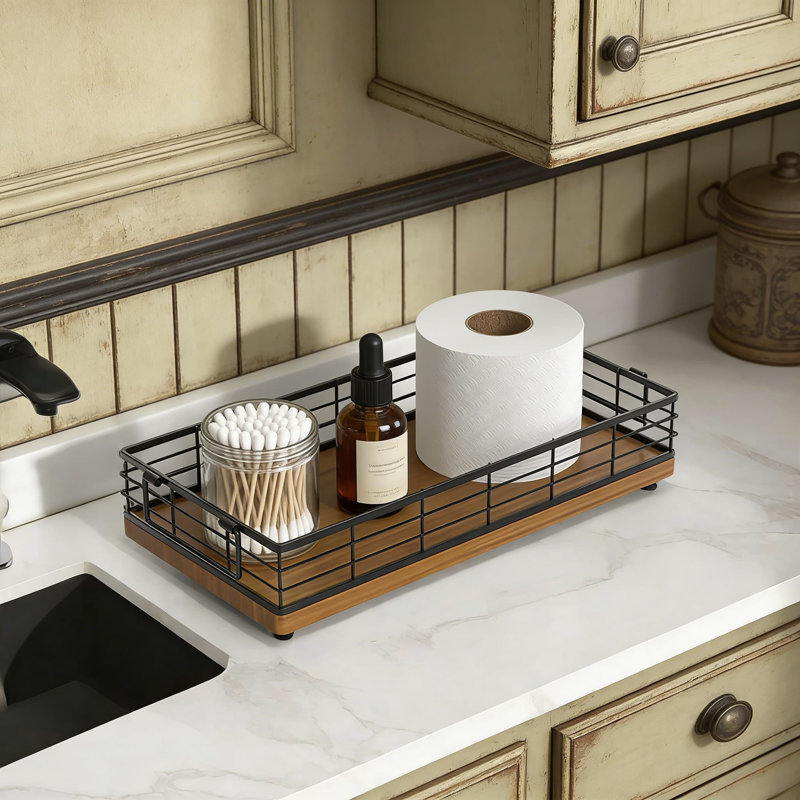 Organisateur de panier de toilette avec poignée, plateau de rangement de salle de bain en bois rustique et en fer pour papier hygiénique et articles essentiels, tablette peu encombrante