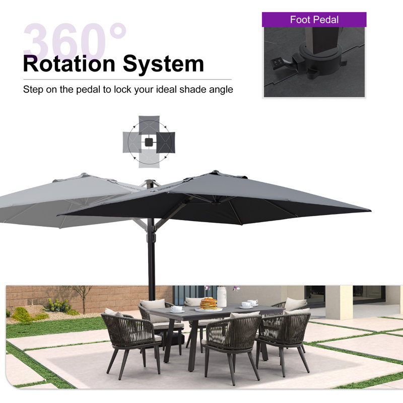 Parasol rectangulaire en porte-à-faux à manivelle avec base relevable à manivelle 108 po x 144 po Kris, gris, Gris