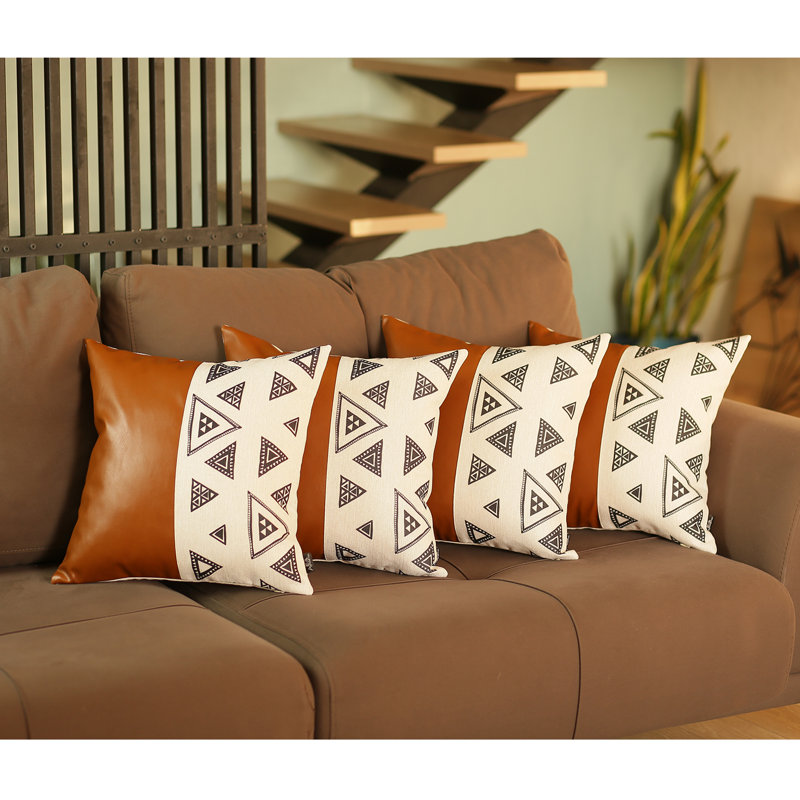 Brown and Ivory Geometric Faux Leather Euro Pillow Covers