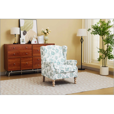 Modern Accent Chair with Retro Wood Legs, Comfy Upholstered Armchair, Floral Design Single Sofa for Living Room and Bedroom