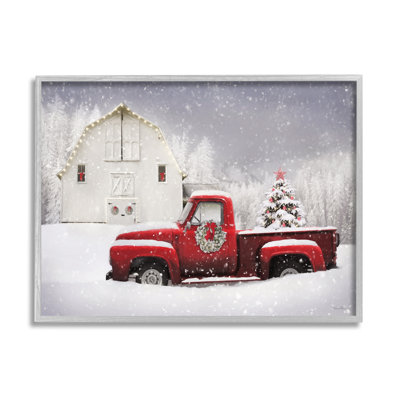 " Red Truck Parked Snowy Decorated Christmas Barn " by Lori Deiter