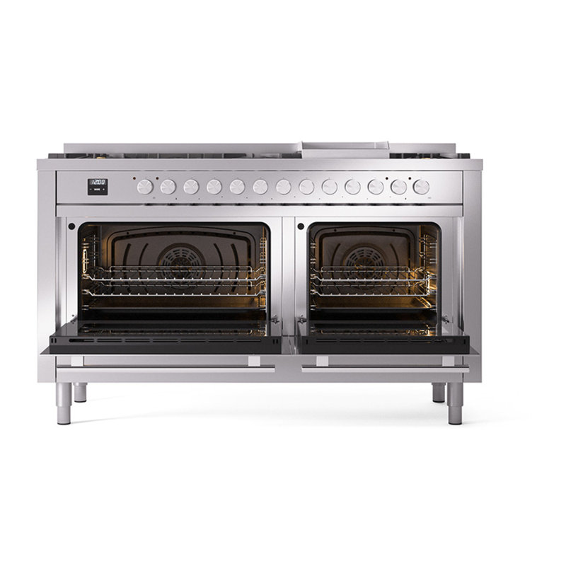 ILVE Professional Plus II 60 in Dual Fuel Range 9 Burner, Griddle, Stainless Steel, Natural Gas