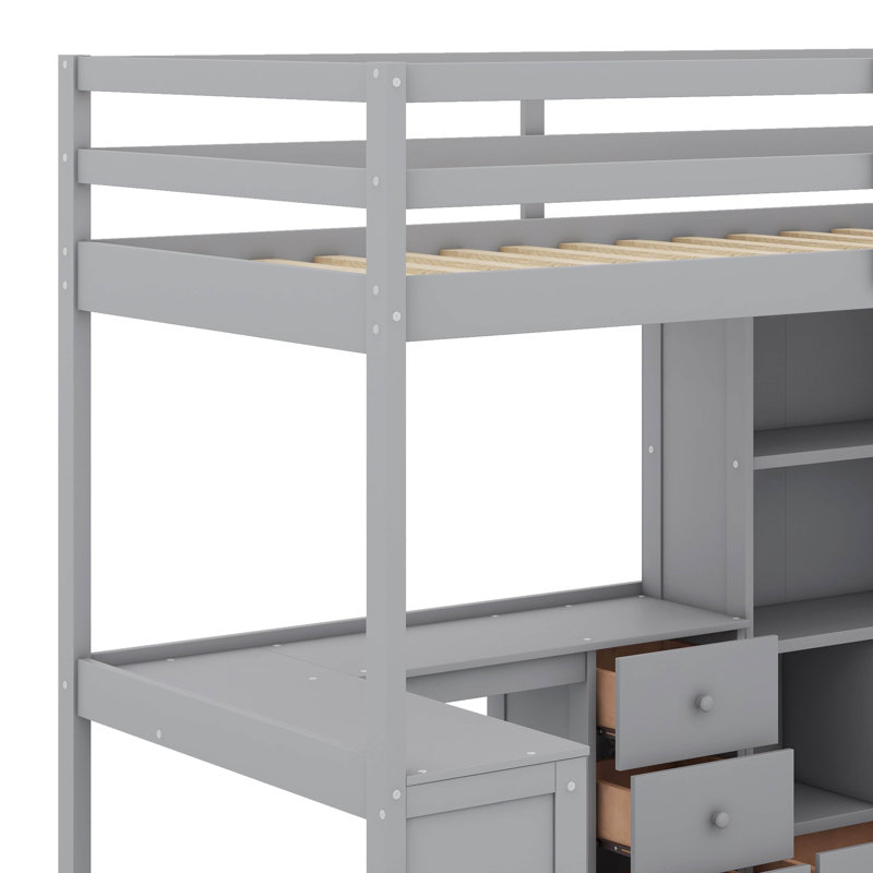 Lit mezzanine simple avec bureau et tiroirs, gris