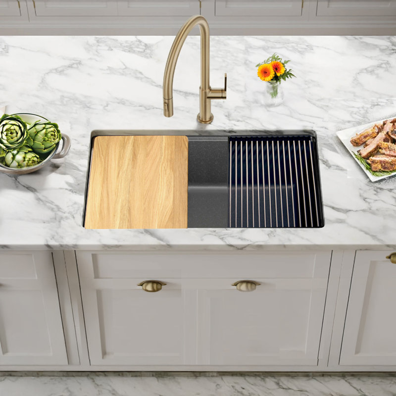 Nantucket Sinks 30 Inch  Dualmount Granite Composite Prep-Station with Side Set Drain, Titanium