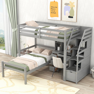 Twin Size Loft Bed With A Stand-Alone Bed, Storage Staircase, Desk, Shelves And Drawers