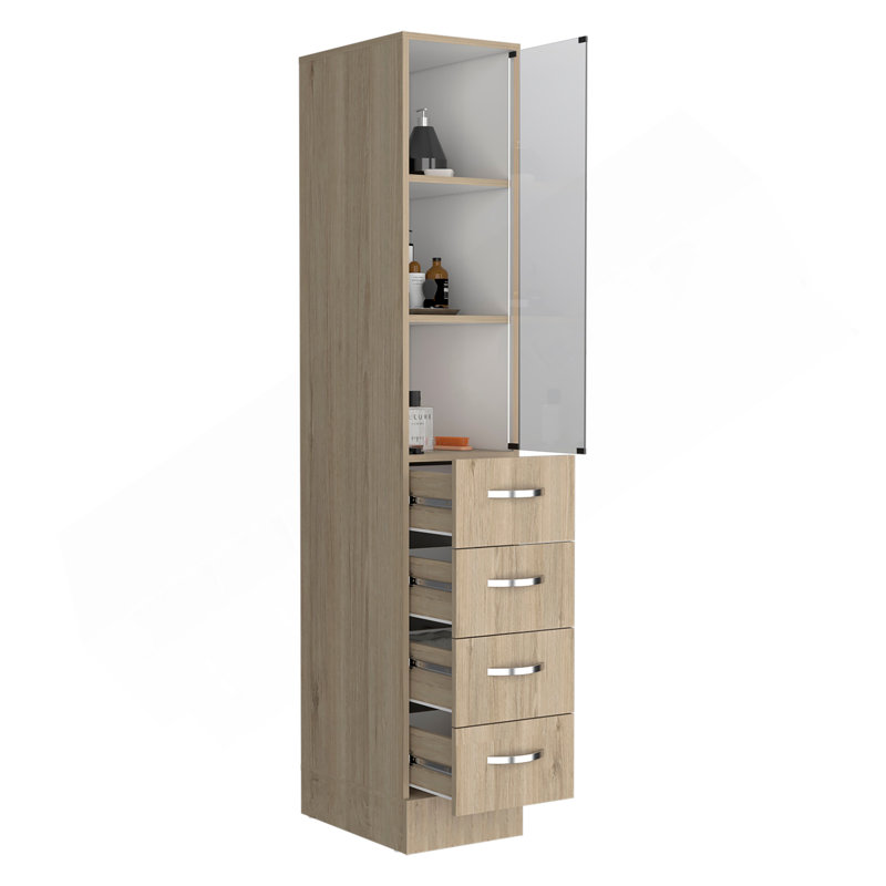 Armoire à linge, trois tablettes, quatre tiroirs - pin clair / blanc, Pin clair / vin