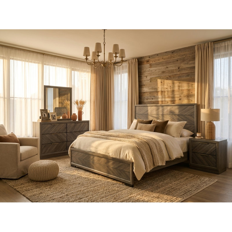 5 Piece Modern Farmhouse Bedroom Set, Gray Wood King Size Platform Bed with 5 Drawer Chest, 6 Drawer Dresser with Mirror, 2 Drawer Nightstand, Rustic Chevron Pattern Bedroom Furniture Set for Bedroom