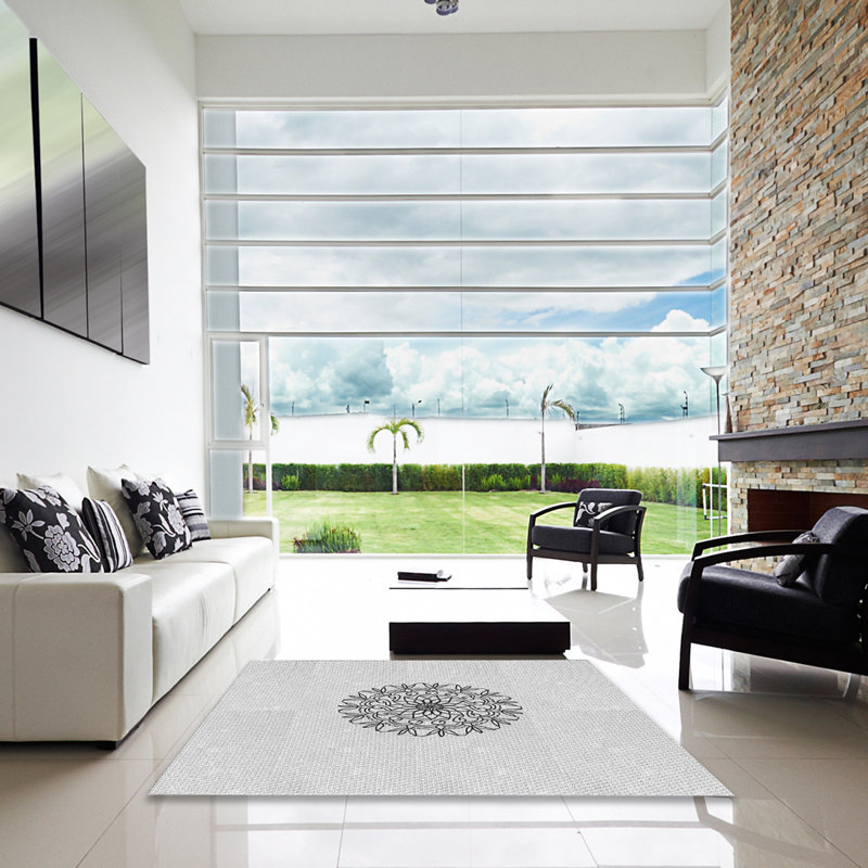 Tapis blanc/noir tissé à la machine, Carré 7 pi