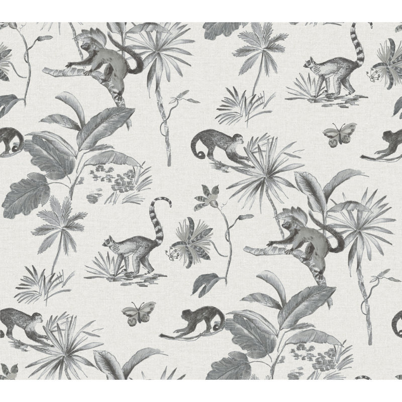 Botanicals & Lemurs Peel And Stick Wallpaper, Grey