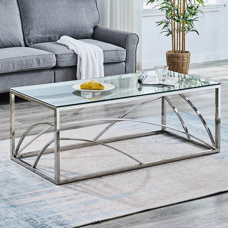 120cm Luxury Modern Tempered Glass Coffee Table with Stainless Steel Frame for Living Room, Clear/Silver