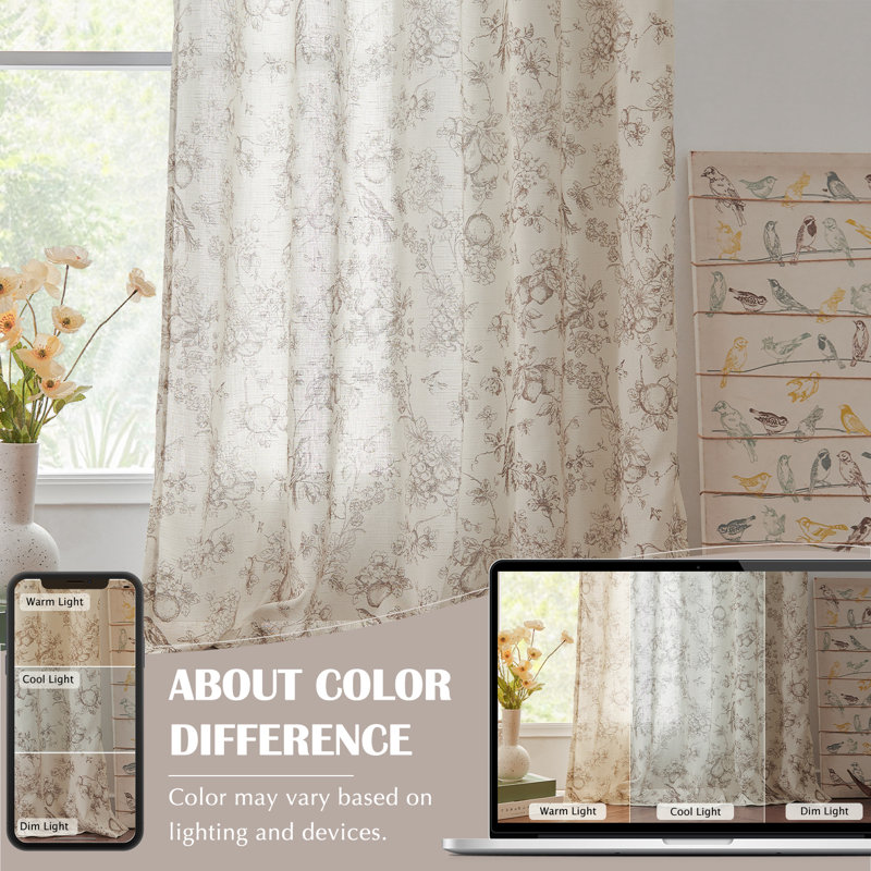 Linen Blend Farmhouse Floral Curtains Semi Sheer French Country Curtain Panels, 50" W x 63" L, Taupe