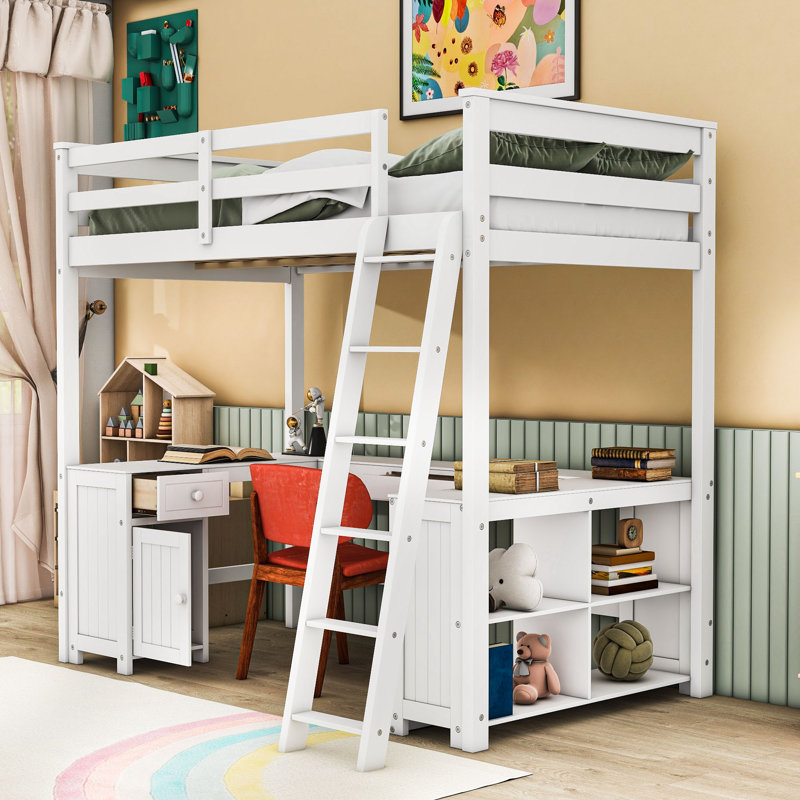 Lit mezzanine avec bureau en U et tablettes de rangement, Double, Blanc