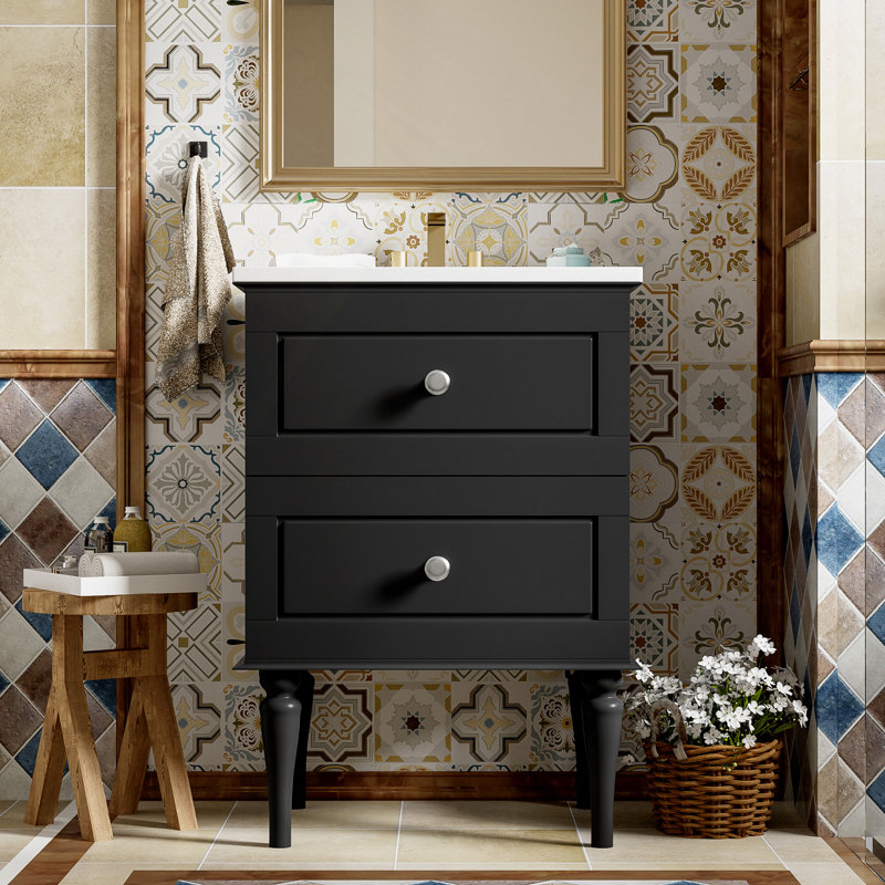 Ensemble de meuble-lavabo de salle de bain avec lavabo en céramique, armoire de rangement moderne avec 2 tiroirs