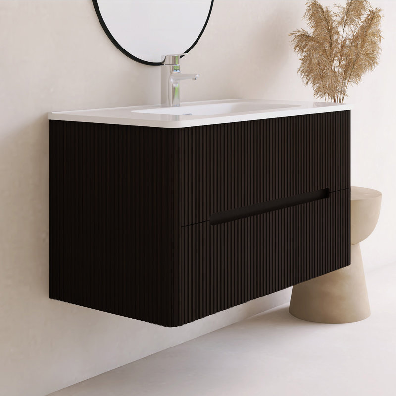 Ensemble de meuble-lavabo mural 36 po avec plateau intégré en céramique 36 po, Marron foncé