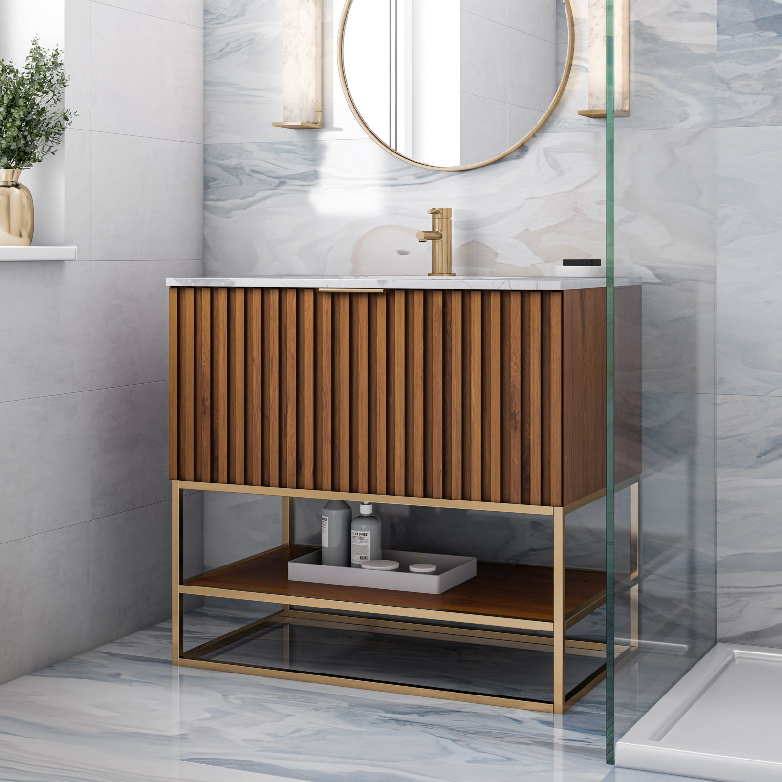 Terra 36'' Single Bathroom Vanity, Carrara Marble/Single Faucet Mount, Walnut, Satin Brass