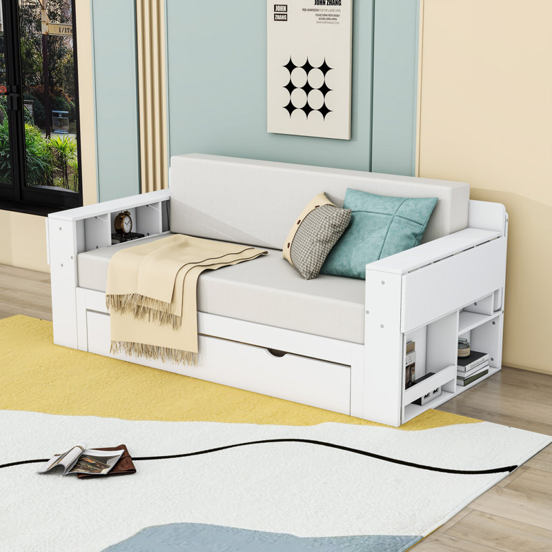 Lit de jour en bois avec bureau et tiroirs et tablettes de rangement, Lit double, Blanc