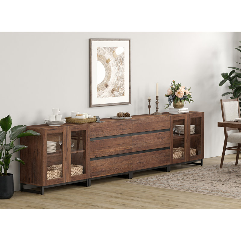 4 In 1 Modern Sideboard With Glass Doors And 6 Drawers,Storage Cabinet With Adjustable Shelves, Coffee Bar Cabinet For Living Room, Kitchen
