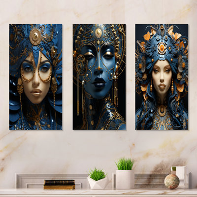 Gold And Blue Woman Goddess Portrait I - Woman Goddess Metal Wall Art Living Room Set Of 3