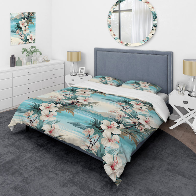 Ensemble de housse de couette floral - Motif tropical de reflets de bord de mer