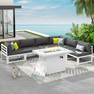 Tuyen 7-Piece 6-Person Outdoor Patio All-Aluminum Sectional Conversation Set with 60,000 BTU Fire Pit Table and 4" High-Resilience Foam Cushions