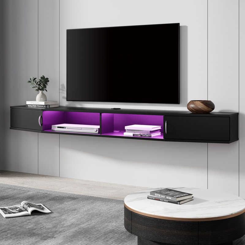 Mikayla Unfinished Floating Floating Tv Stand for TVs up to 75, Black & Colorful Light