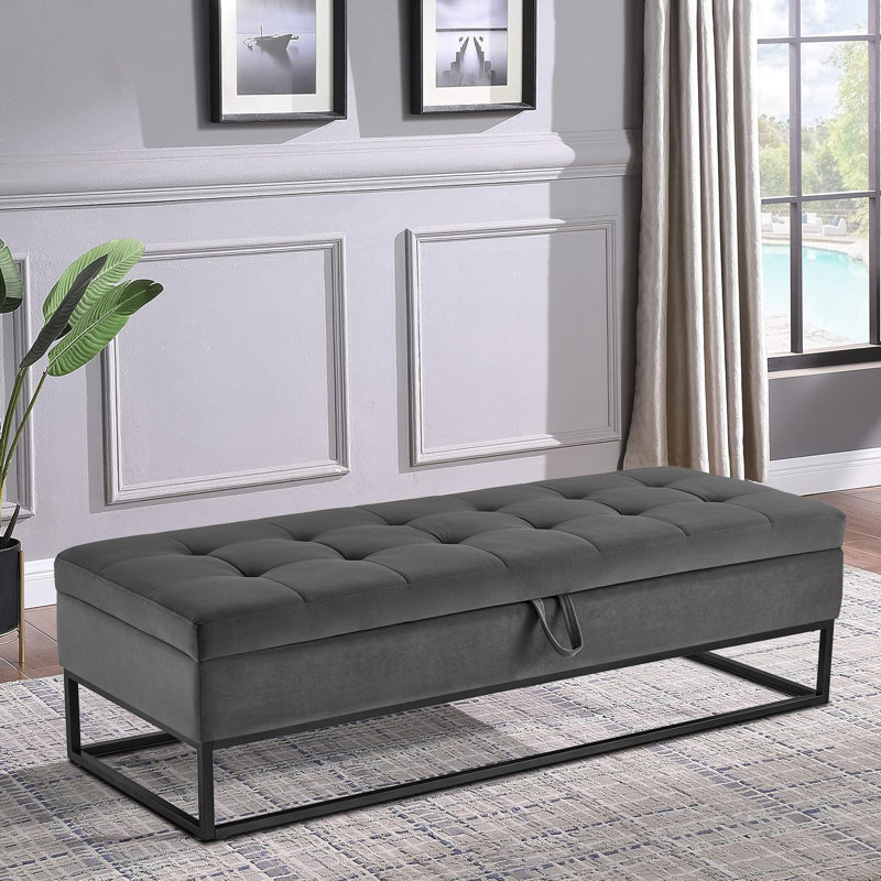 Banc de rangement rembourré en velours avec siège rabattable Modern, Gris