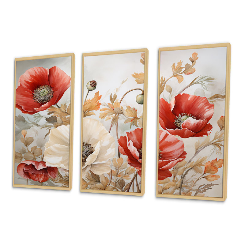 Poppies Charm In Winter Delight II - Poppies, ensemble d'art sur toile, Cadre naturel flottant, H 28 po x l 36 po x P 1 po