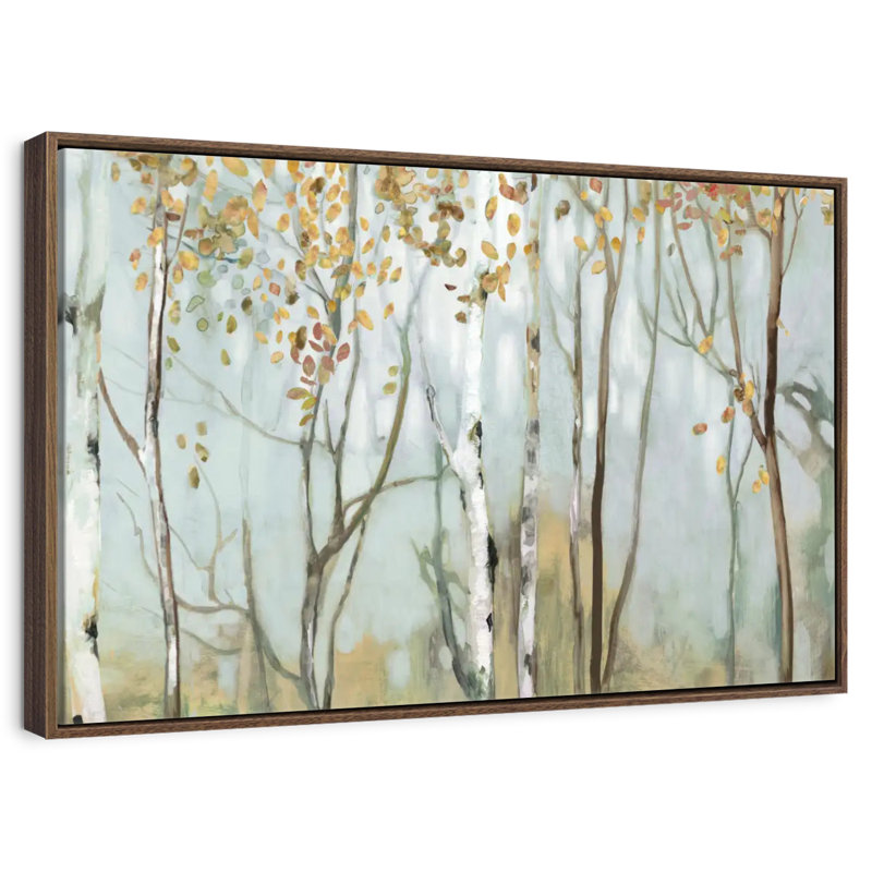 Bouleau dans le brouillard II, 43 po x 29 po, Cadre flottant noyer