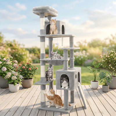 Arbre à chat robuste, tour à chat extra large 70 po pour chats d'intérieur, poteau à griffer, hamac, maisonnette pour chat et chat adulte, gris clair