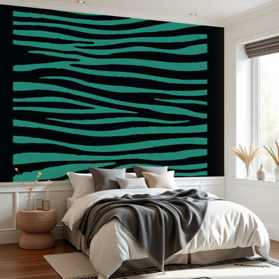 Papier peint adhésif à motif de zébrures abstraites bleu sarcelle à motif zébré noir H 69 "x l 96" amovible, papier peint adhésif mural pour bureau de chambre à coucher, bureau à domicile