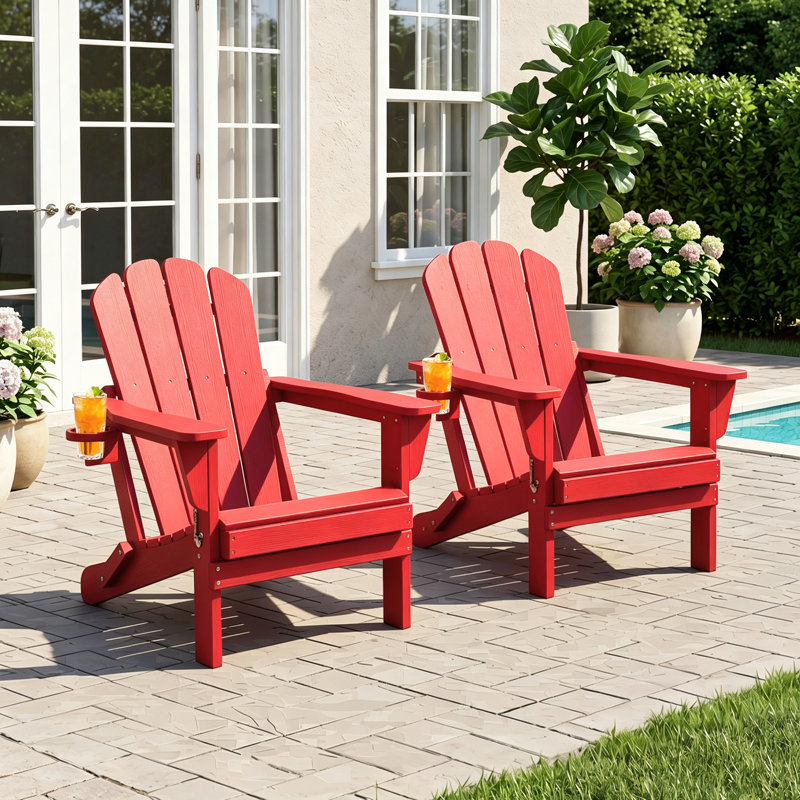 Ensemble de 2 chaises Adirondack pliables en polyéthylène haute densité pour l'extérieur avec porte-gobelets, Red