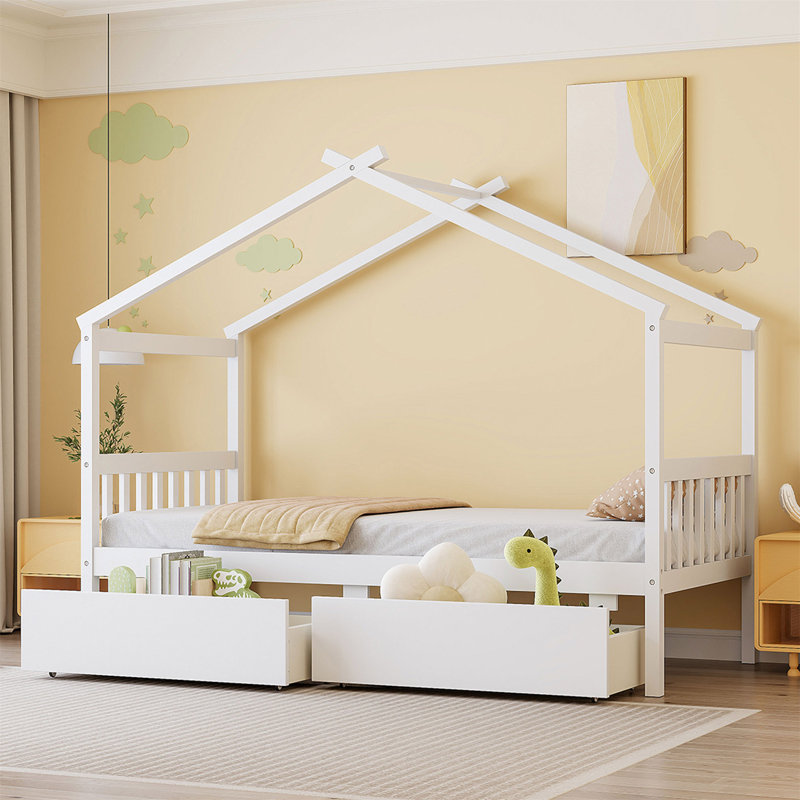 Lit simple en bois avec tiroirs, Blanc