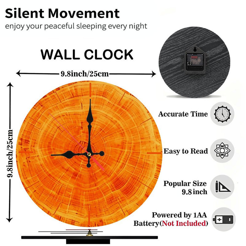 Horloge murale ronde en bois 10 po, mouvement à quartz silencieux, imprimé UV, à piles, Orange