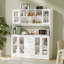 Large Kitchen Hutch Cabinet, Storage Cupboard Pantry With 4 Glass Doors, 4 Drawers & Microwave Shelf-1445431345