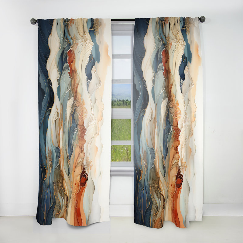 Abstract Orange And Blue River Ink III - Modern Velvet Curtain - Room Darkening - 1 panel, 52" W x 63" L